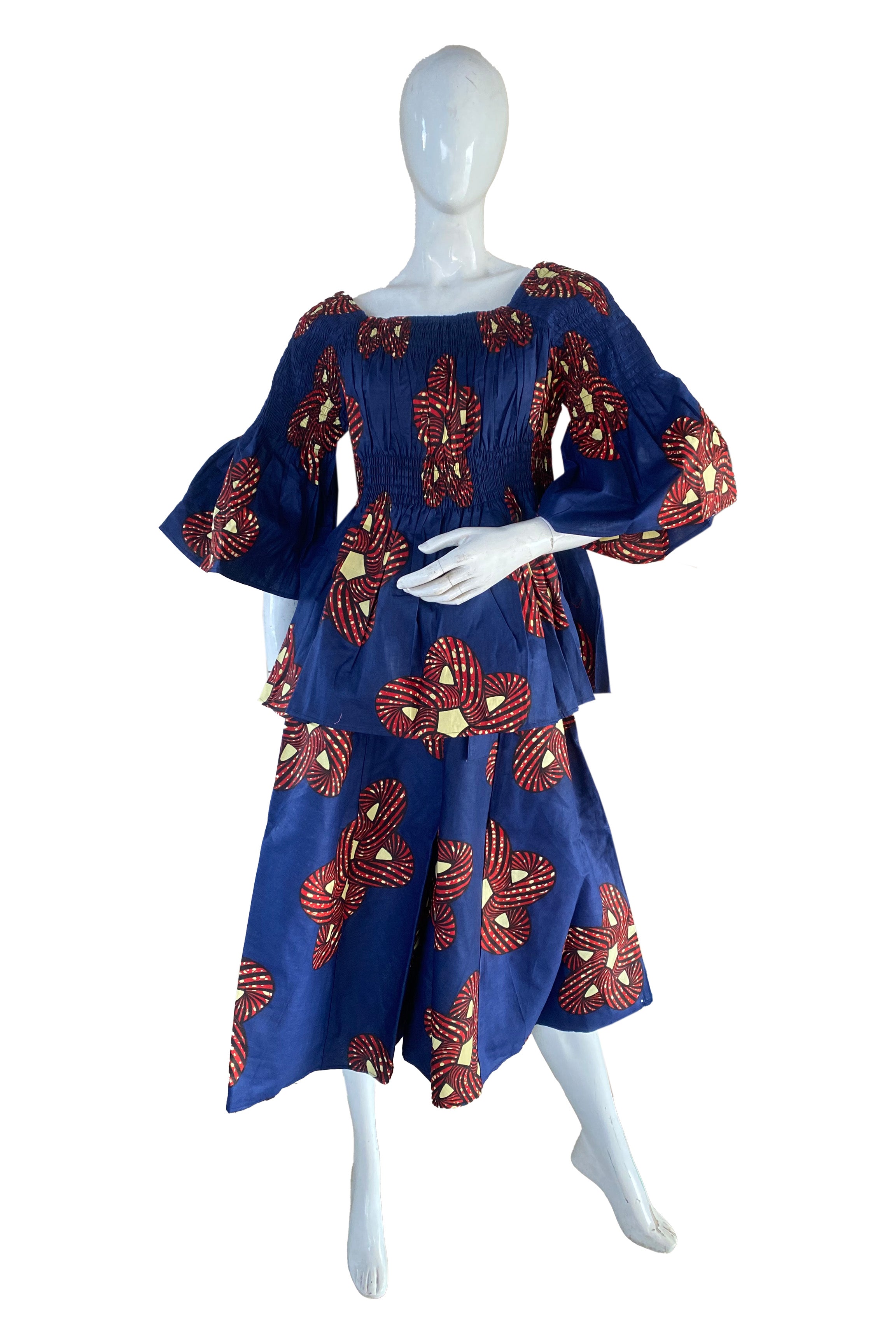 African Ladies Smocked Peplum Blouse &amp; Skirt Set with Headwrap | 100% Cotton