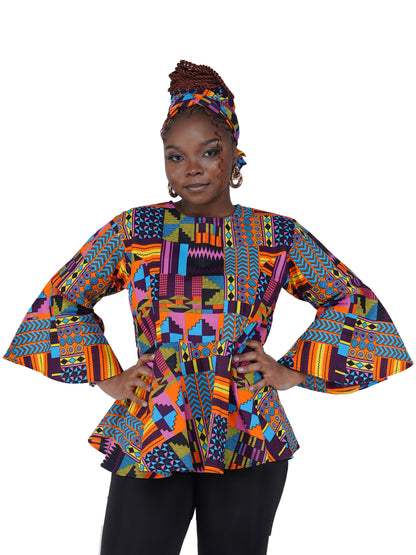 African Print Cotton Top with Umbrella Sleeves &amp; Matching Headwrap | M to 5XL