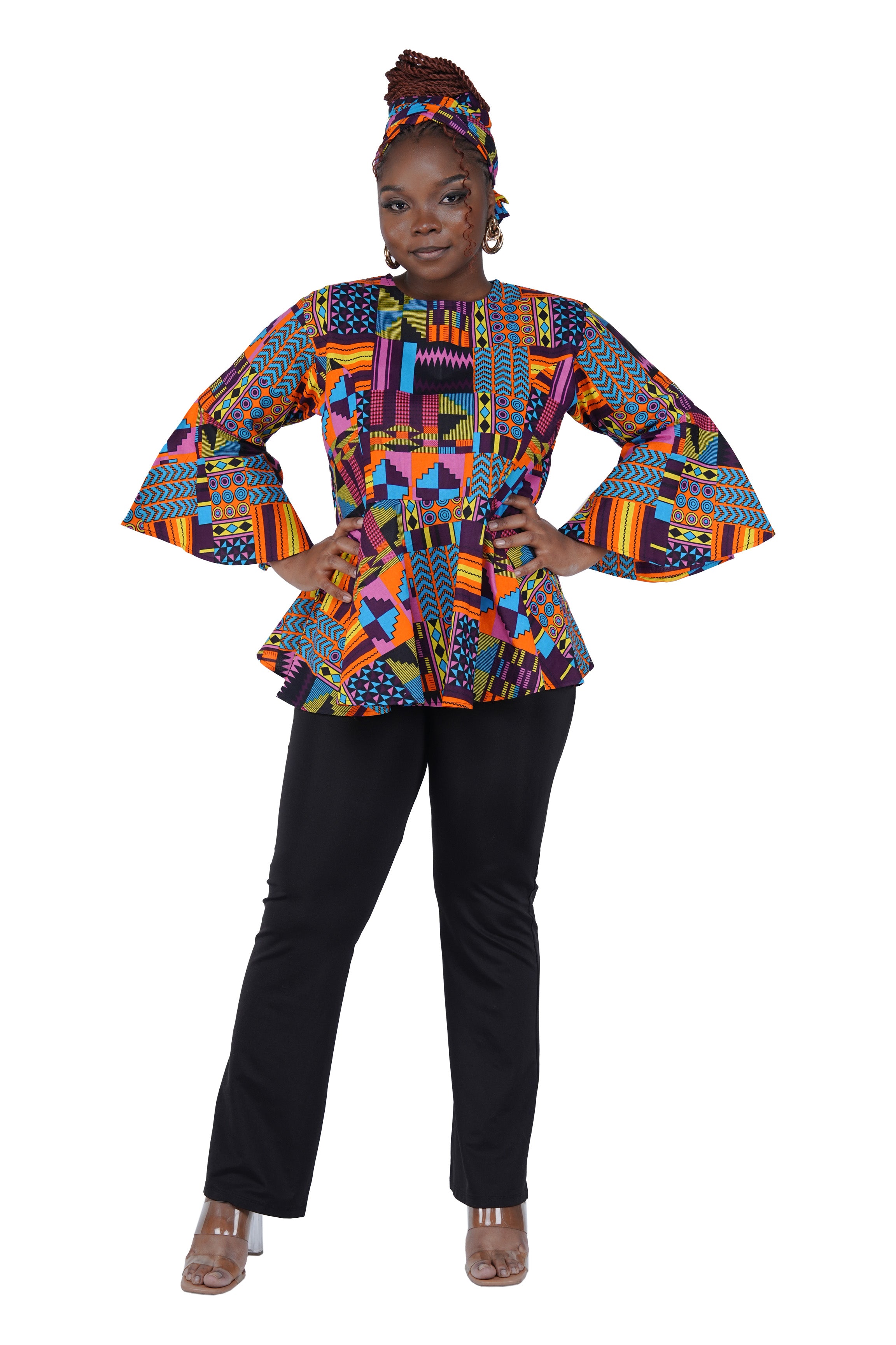 African Print Cotton Top with Umbrella Sleeves &amp; Matching Headwrap | M to 5XL