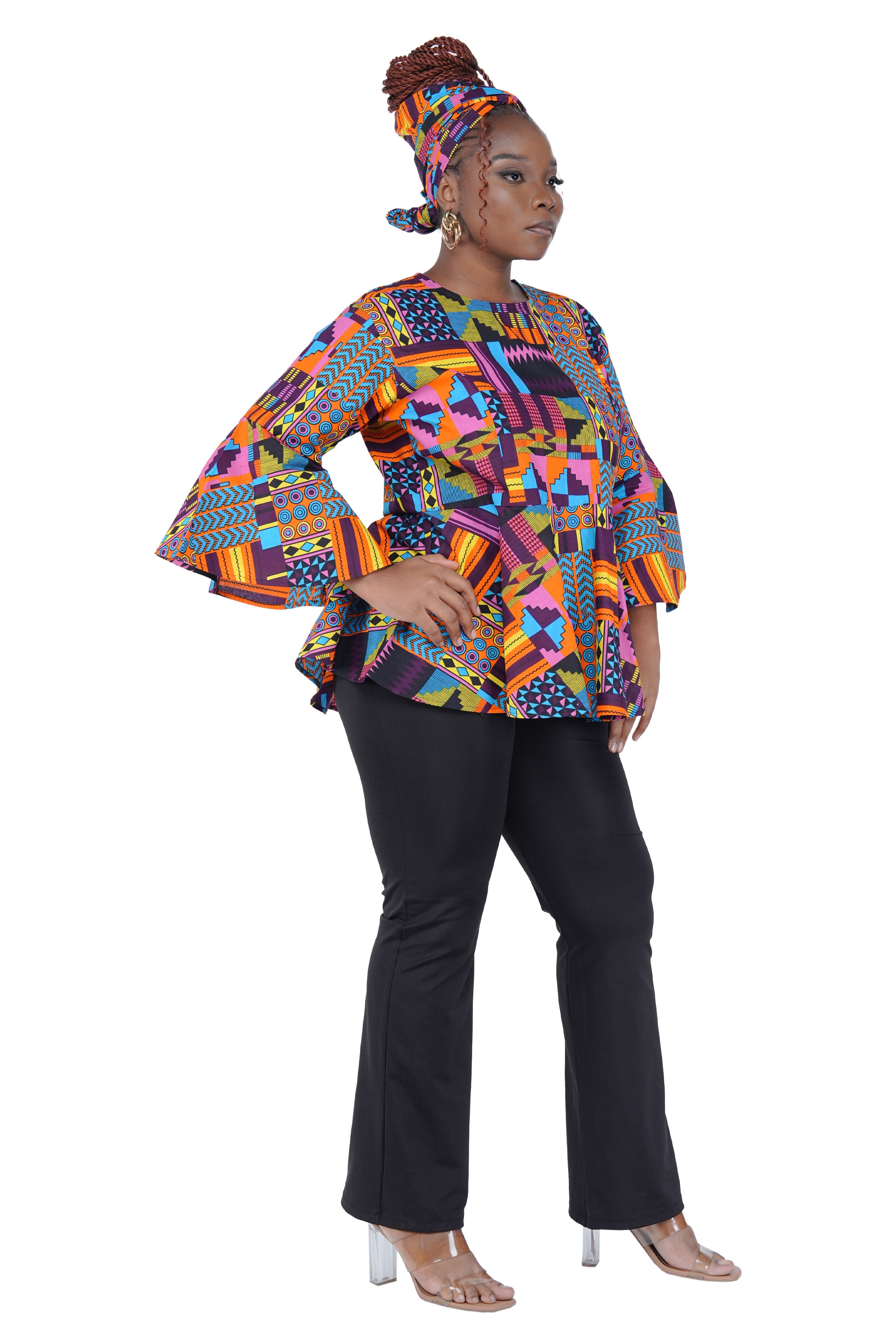African Print Cotton Top with Umbrella Sleeves &amp; Matching Headwrap | M to 5XL