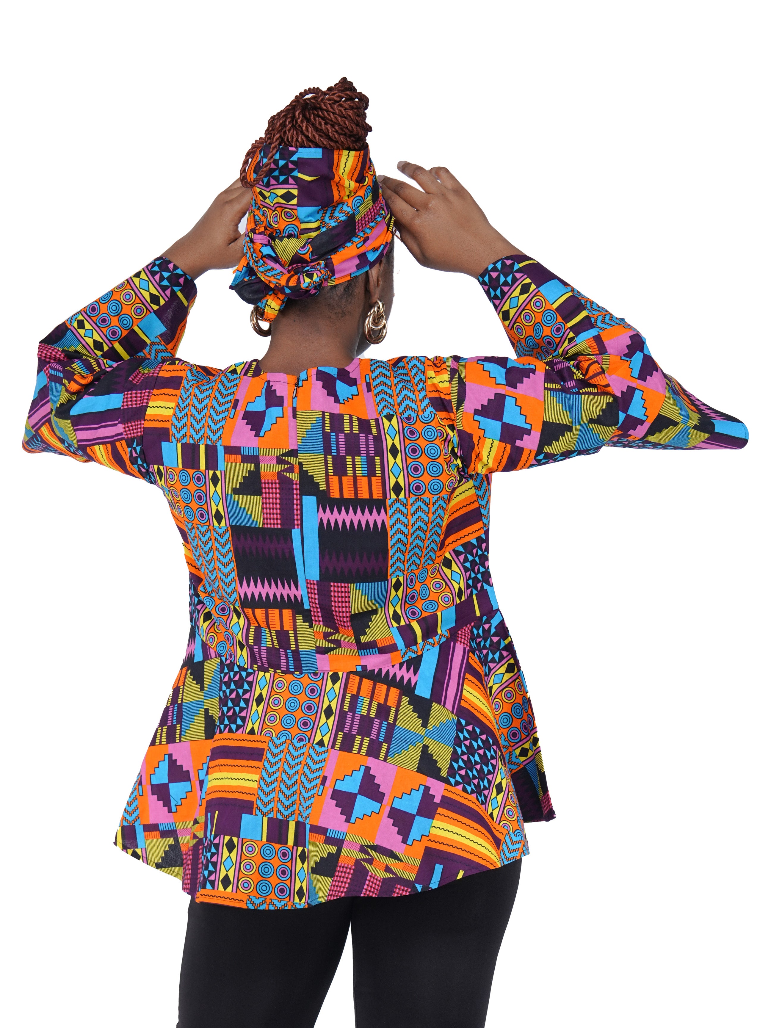African Print Cotton Top with Umbrella Sleeves &amp; Matching Headwrap | M to 5XL