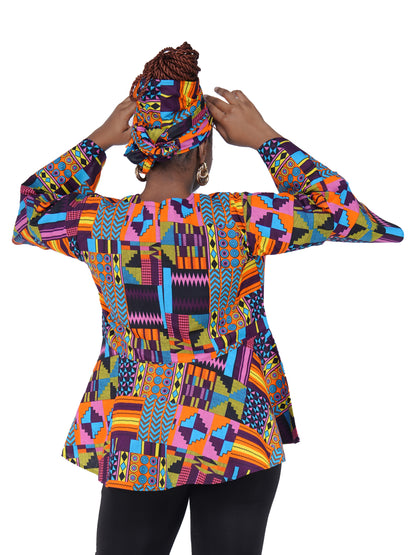 African Print Cotton Top with Umbrella Sleeves &amp; Matching Headwrap | M to 5XL