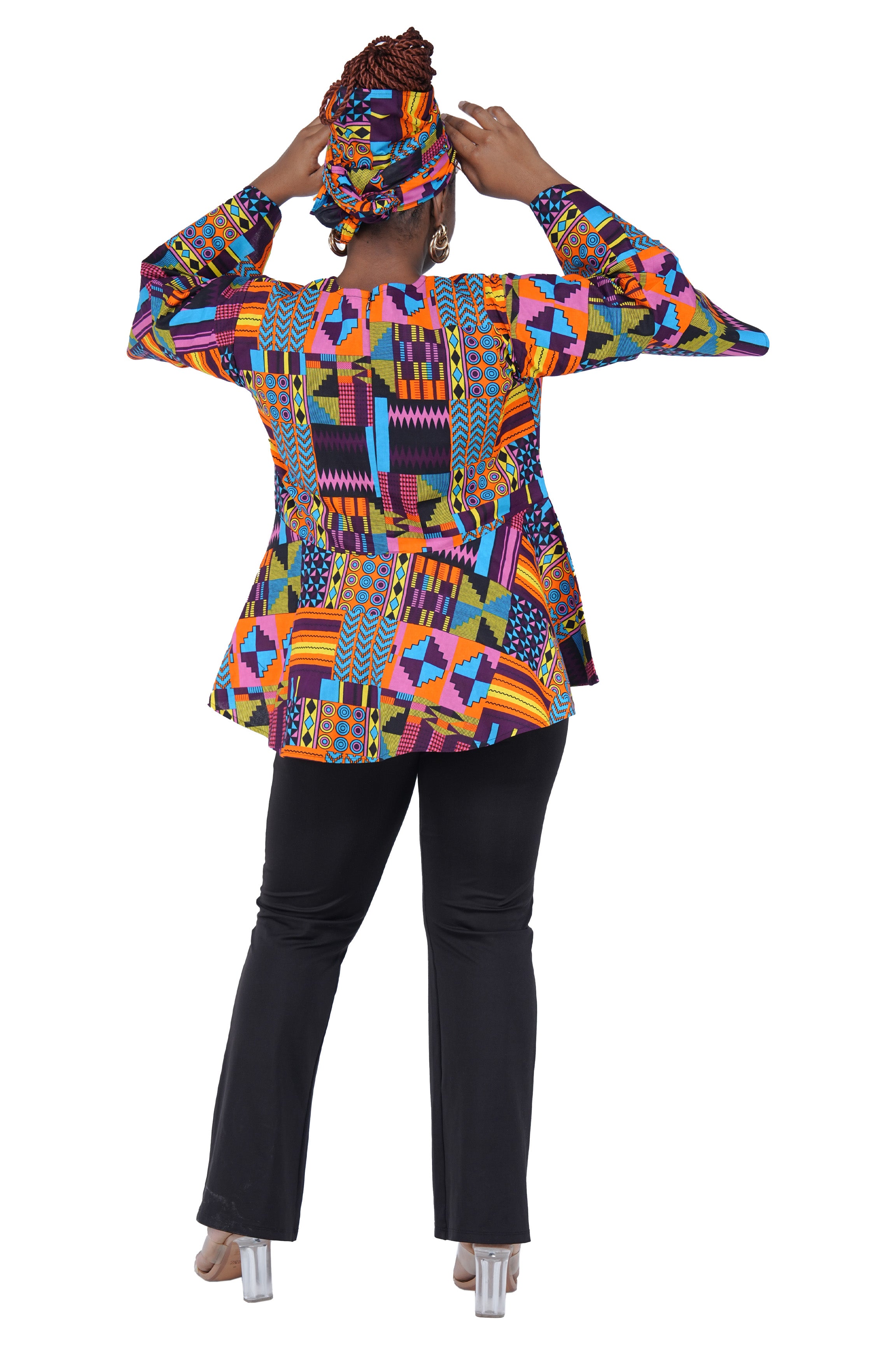 African Print Cotton Top with Umbrella Sleeves &amp; Matching Headwrap | M to 5XL
