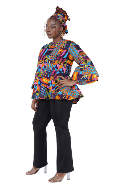 African Print Cotton Top with Umbrella Sleeves &amp; Matching Headwrap | M to 5XL