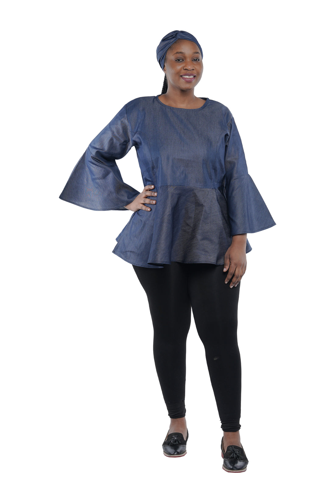Denim Dashiki Umbrella Sleeve Blouse