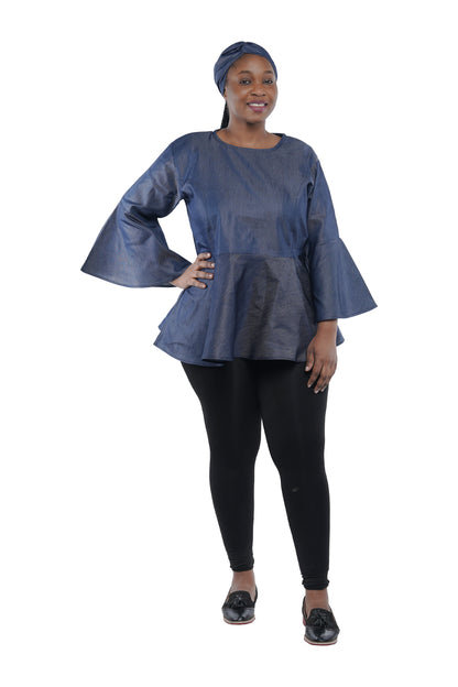 Denim Dashiki Umbrella Sleeve Blouse