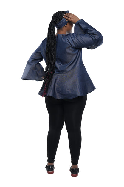 Denim Dashiki Umbrella Sleeve Blouse