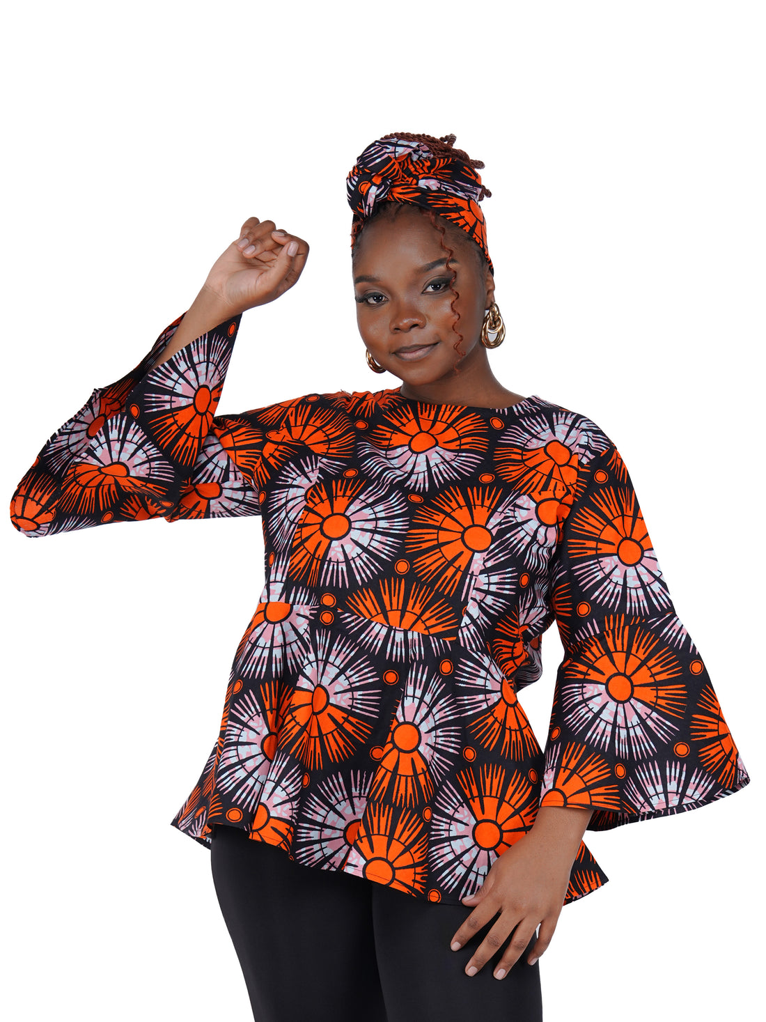 African Print Cotton Top with Umbrella Sleeves &amp; Matching Headwrap | M to 5XL