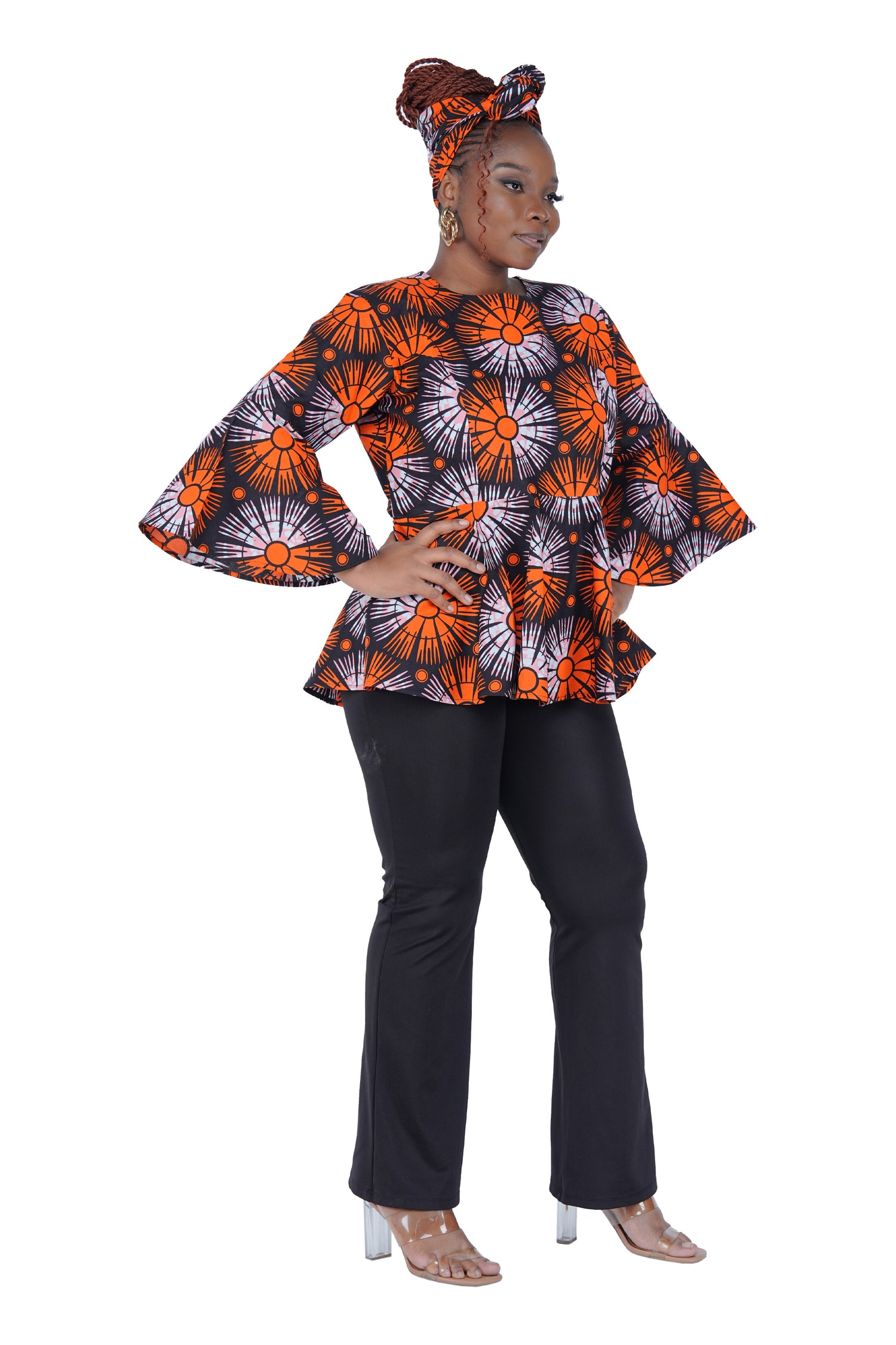 African Print Cotton Top with Umbrella Sleeves &amp; Matching Headwrap | M to 5XL