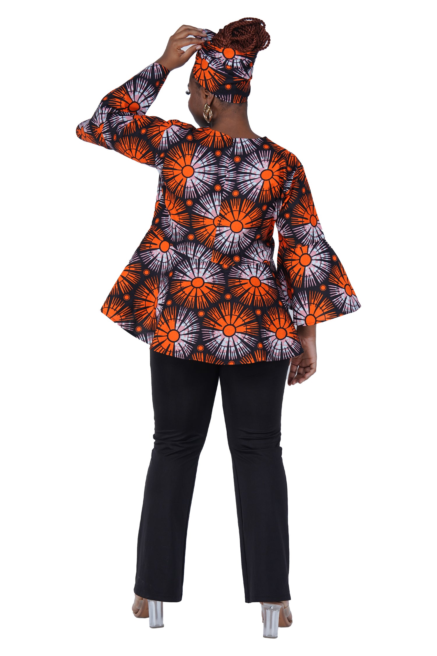 African Print Cotton Top with Umbrella Sleeves &amp; Matching Headwrap | M to 5XL