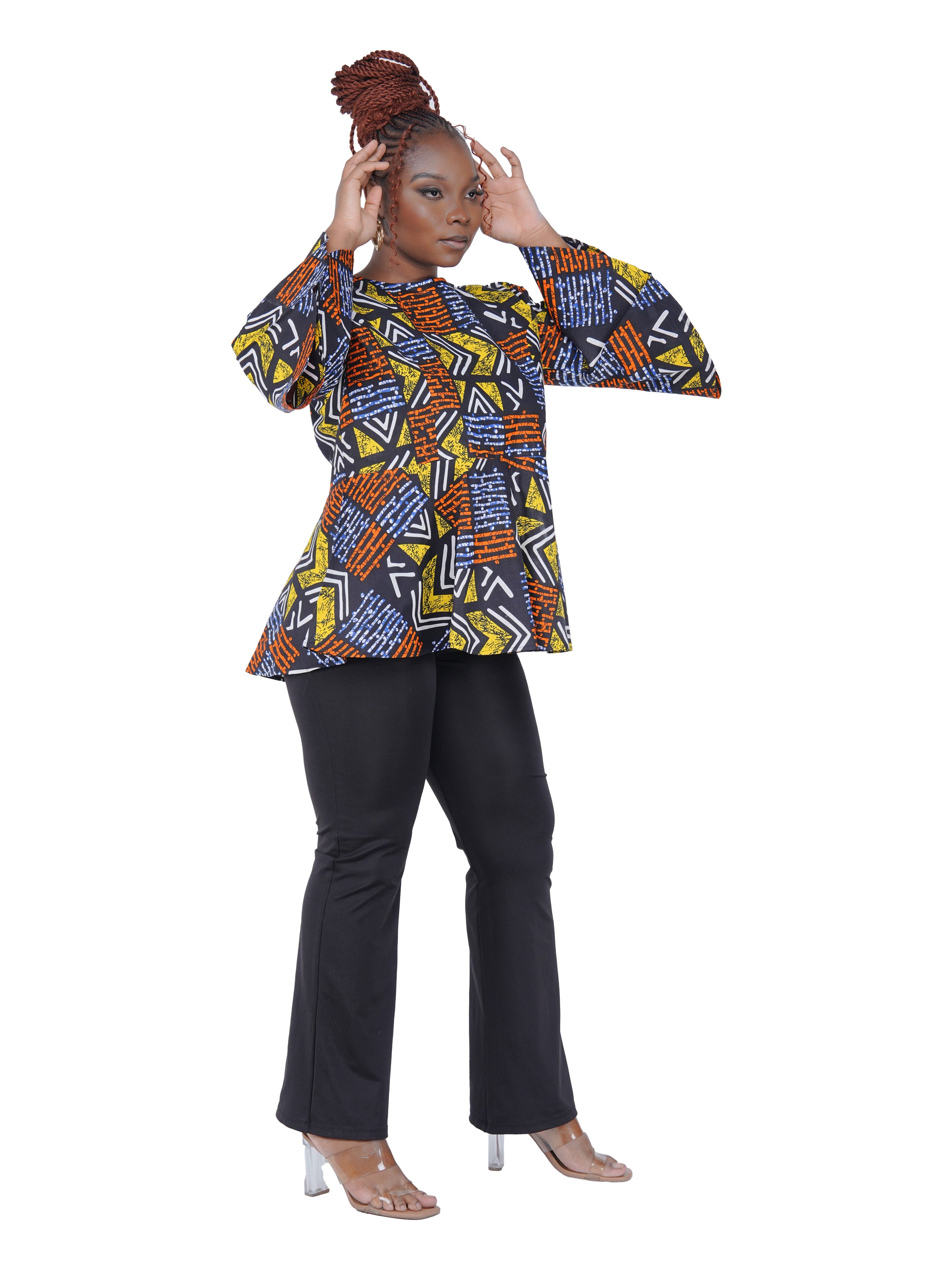African Print Cotton Top with Umbrella Sleeves &amp; Matching Headwrap | M to 5XL