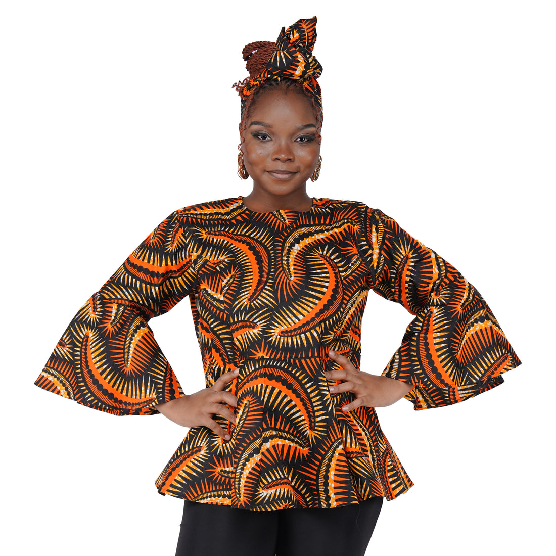 African Print Cotton Top with Umbrella Sleeves &amp; Matching Headwrap | M to 5XL