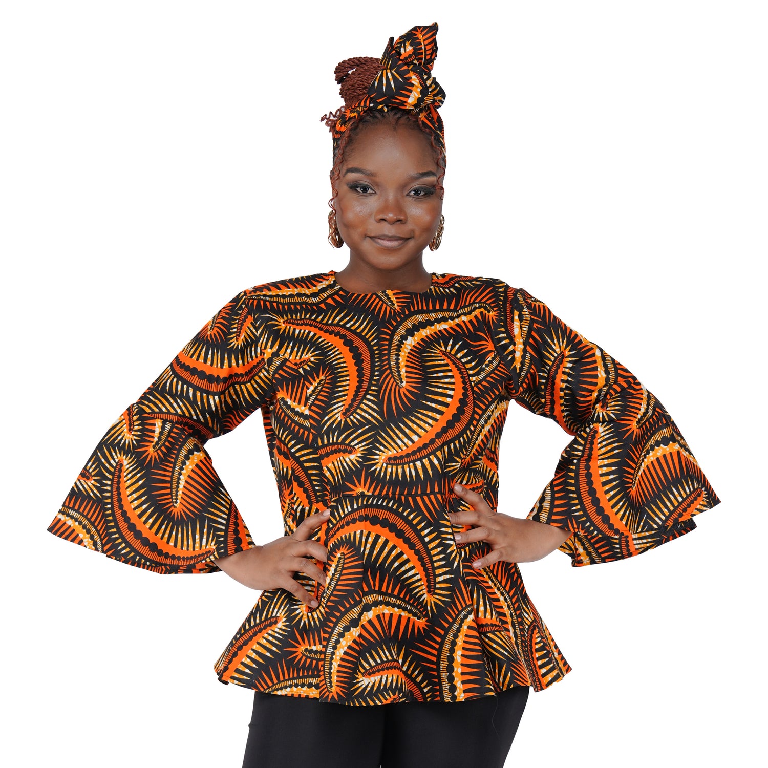 African Print Cotton Top with Umbrella Sleeves &amp; Matching Headwrap | M to 5XL