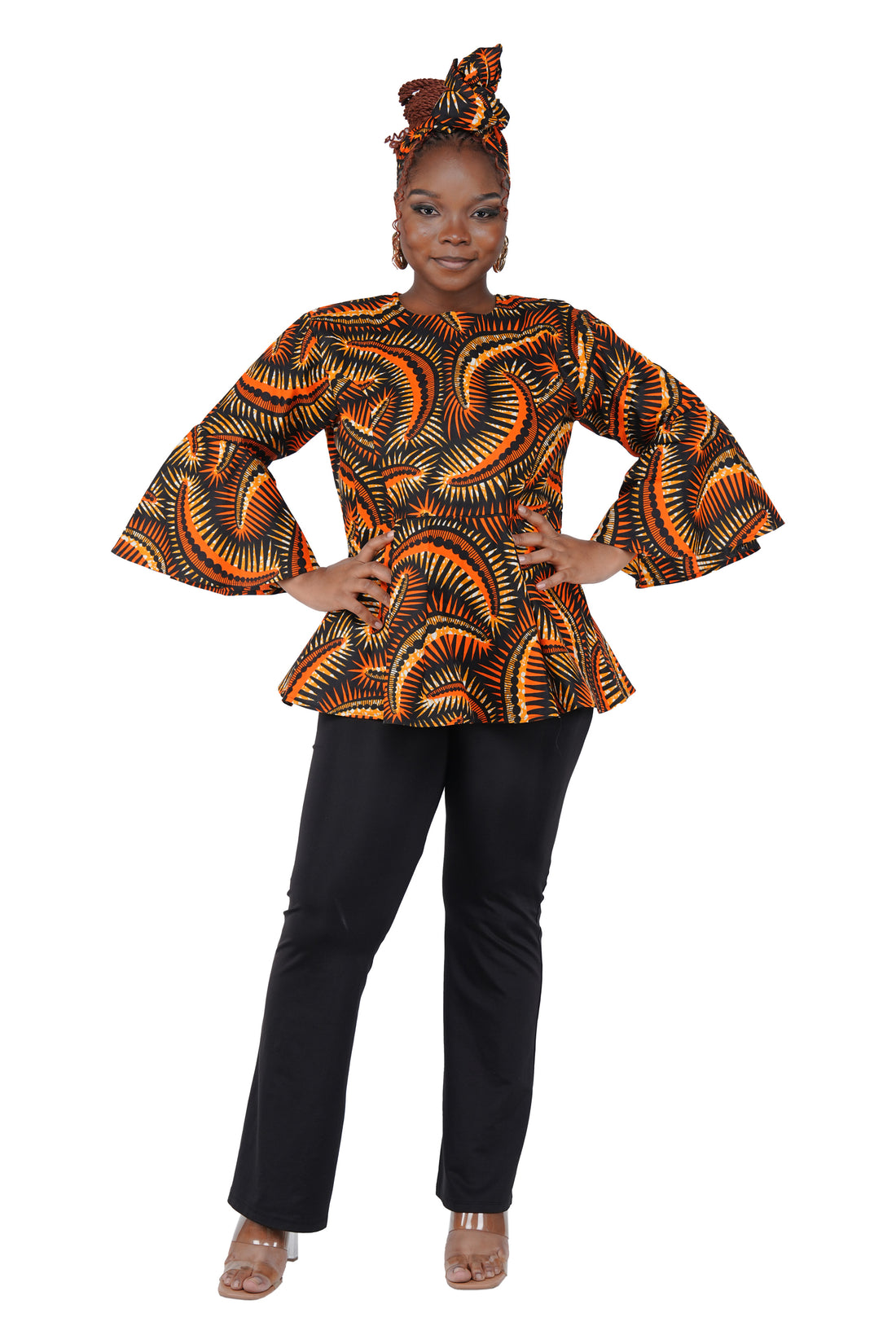 African Print Cotton Top with Umbrella Sleeves &amp; Matching Headwrap | M to 5XL