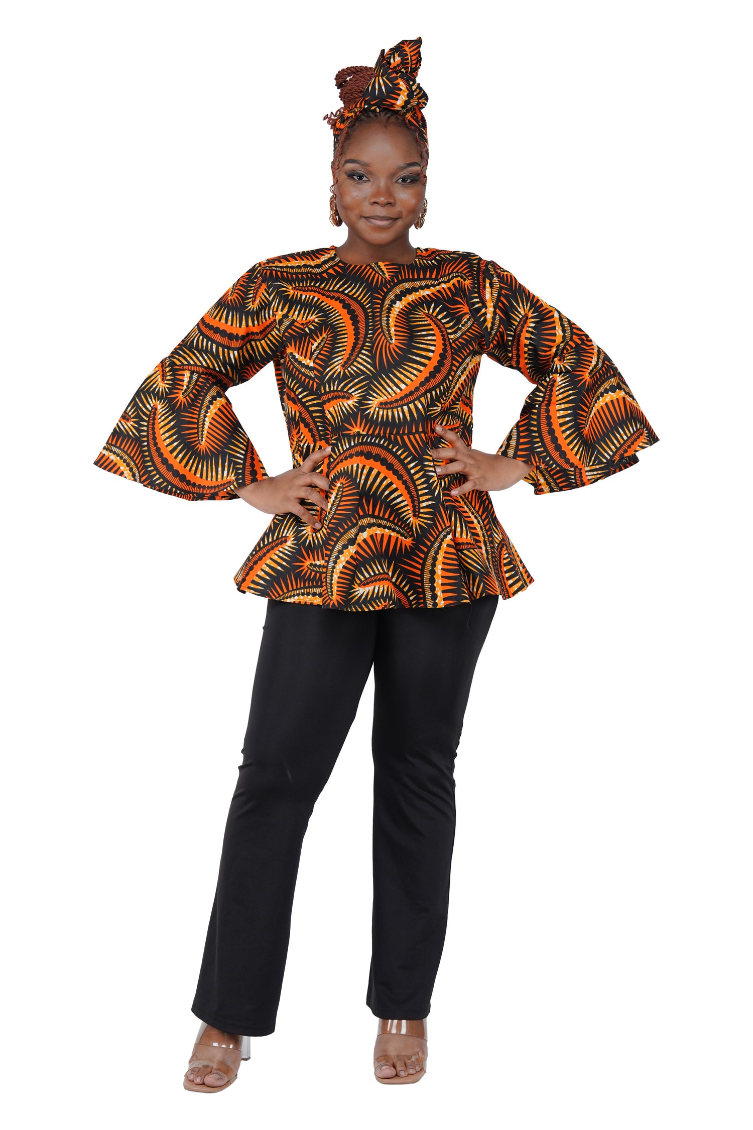 African Print Cotton Top with Umbrella Sleeves &amp; Matching Headwrap | M to 5XL