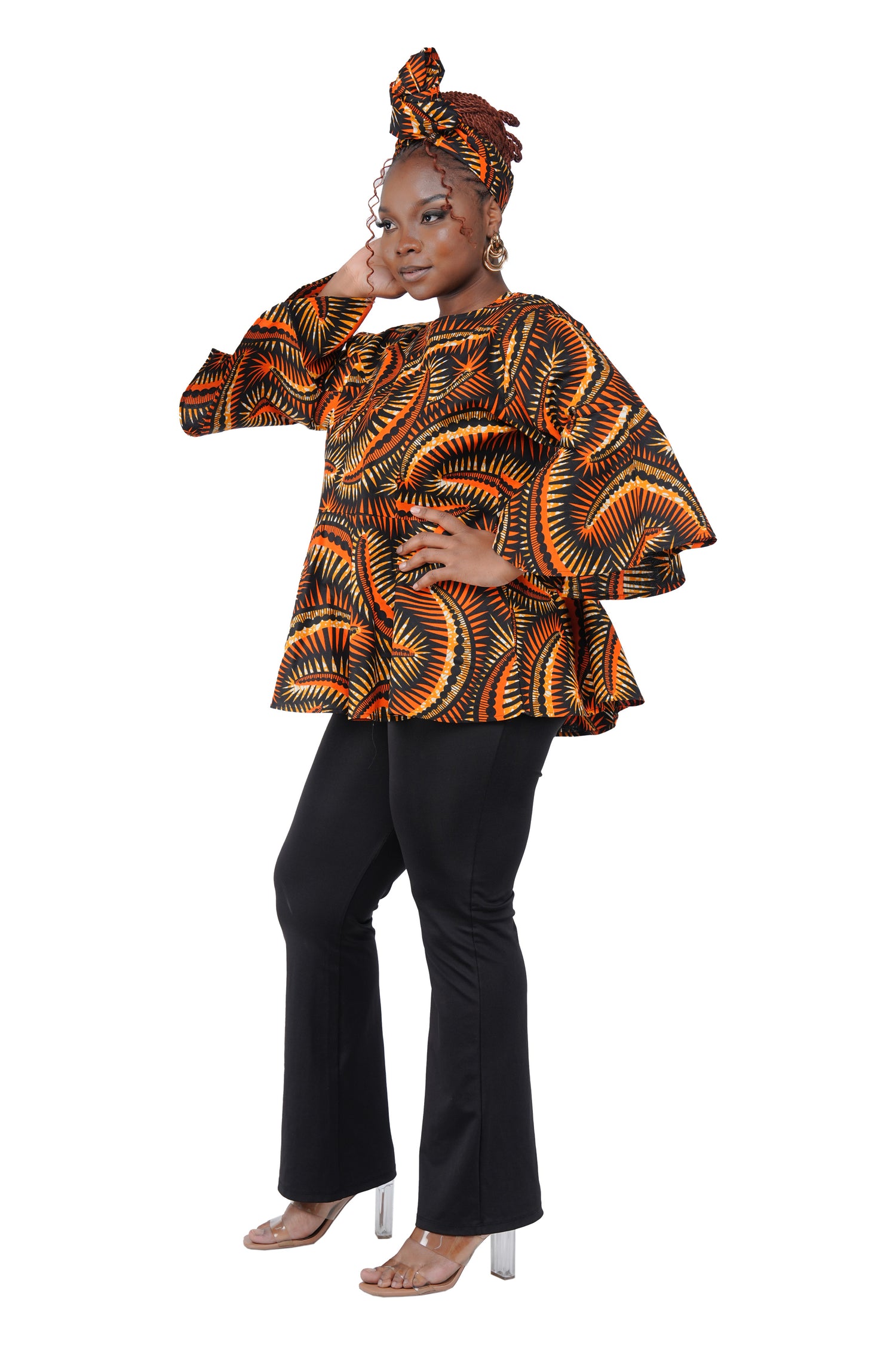 African Print Cotton Top with Umbrella Sleeves &amp; Matching Headwrap | M to 5XL
