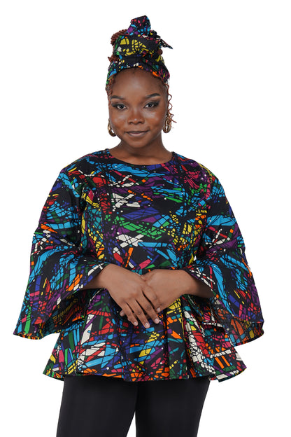 African Print Cotton Top with Umbrella Sleeves &amp; Matching Headwrap | M to 5XL