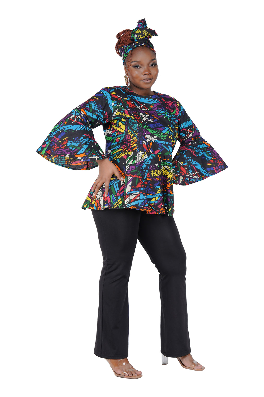 African Print Cotton Top with Umbrella Sleeves &amp; Matching Headwrap | M to 5XL