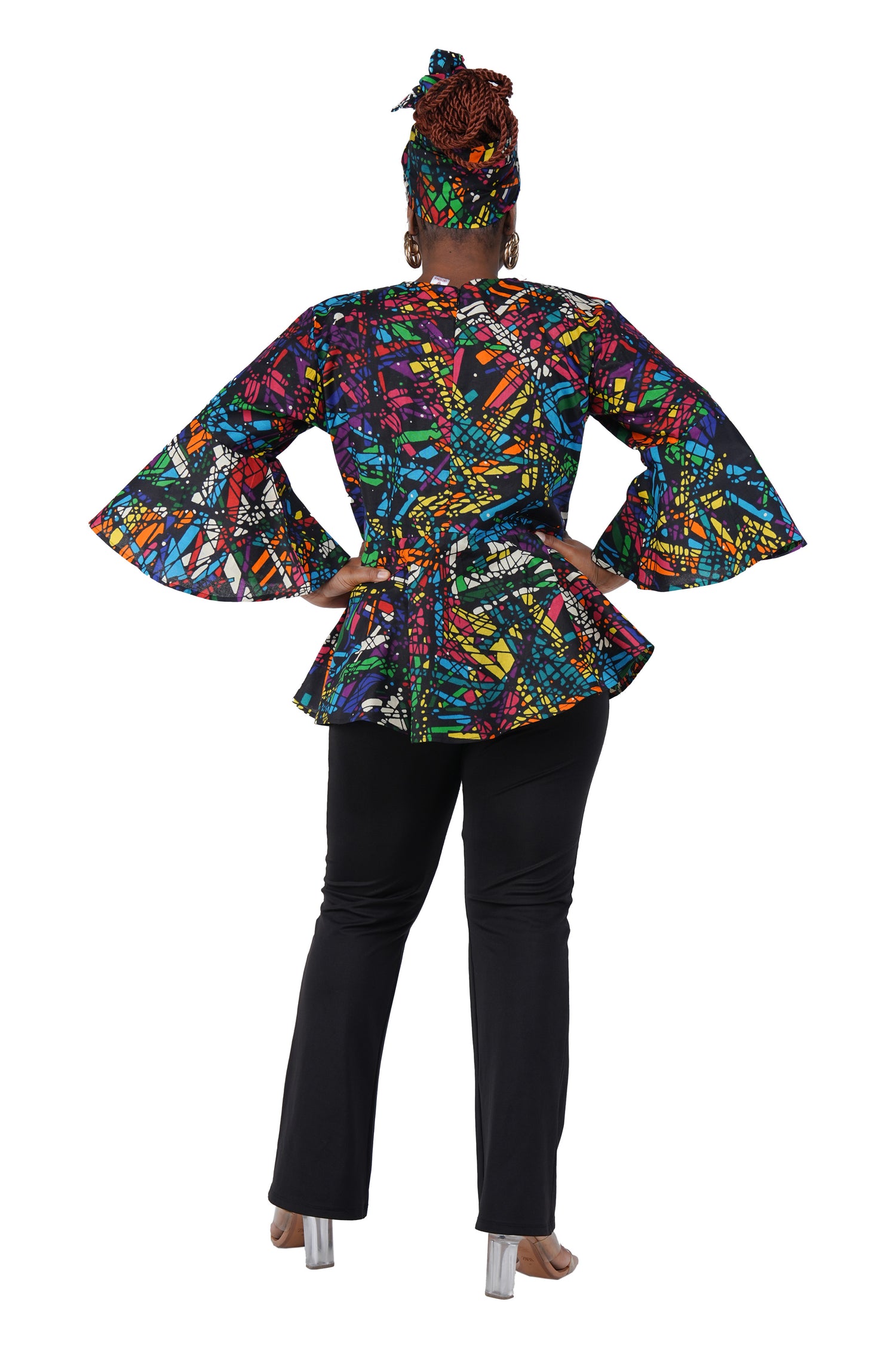 African Print Cotton Top with Umbrella Sleeves &amp; Matching Headwrap | M to 5XL