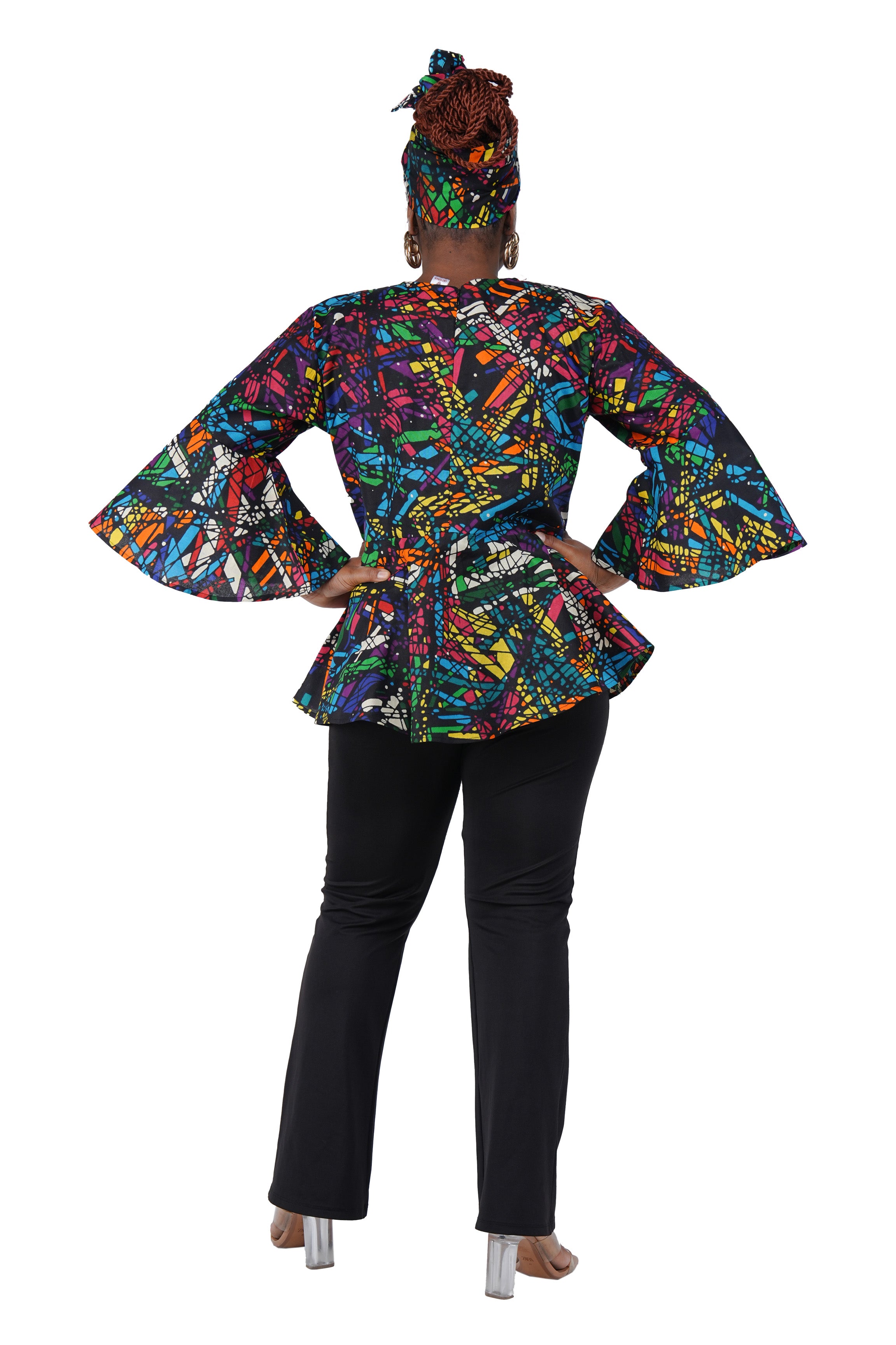 African Print Cotton Top with Umbrella Sleeves &amp; Matching Headwrap | M to 5XL