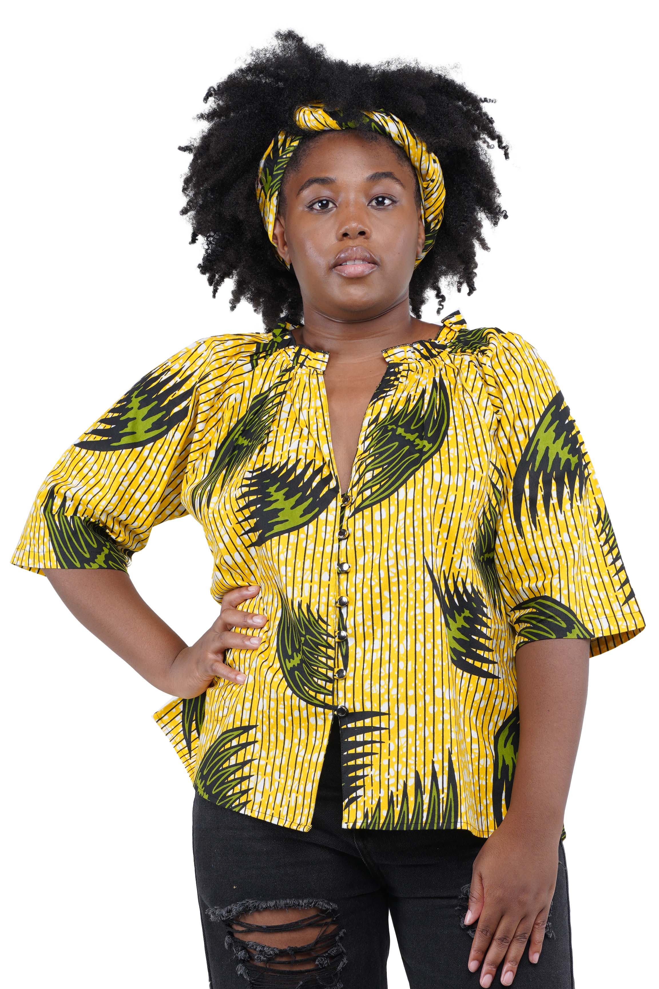 African button down shirt with frill collar front view