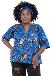 African button down shirt with frill collar front view