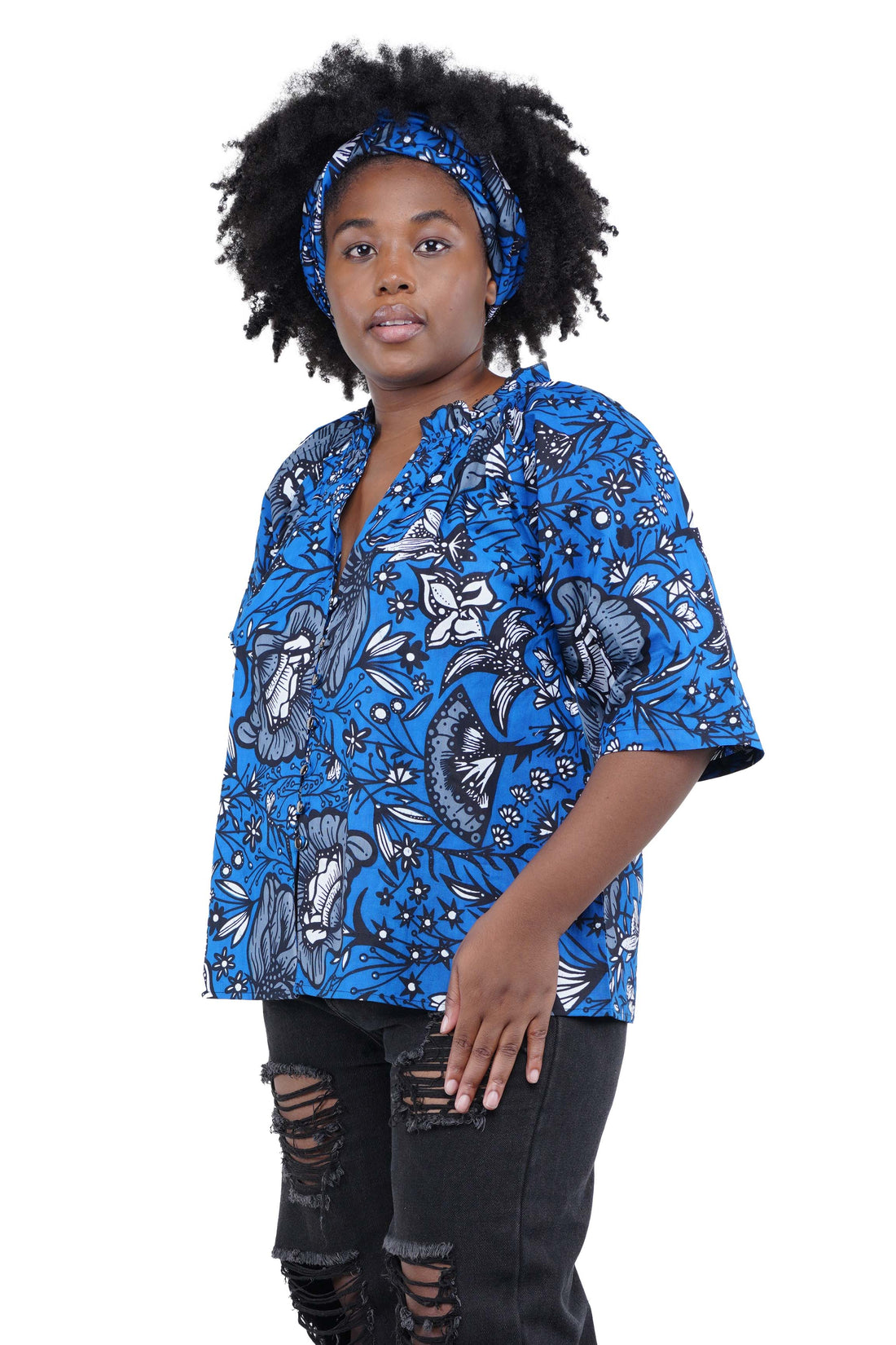 African button down shirt with frill collar front view