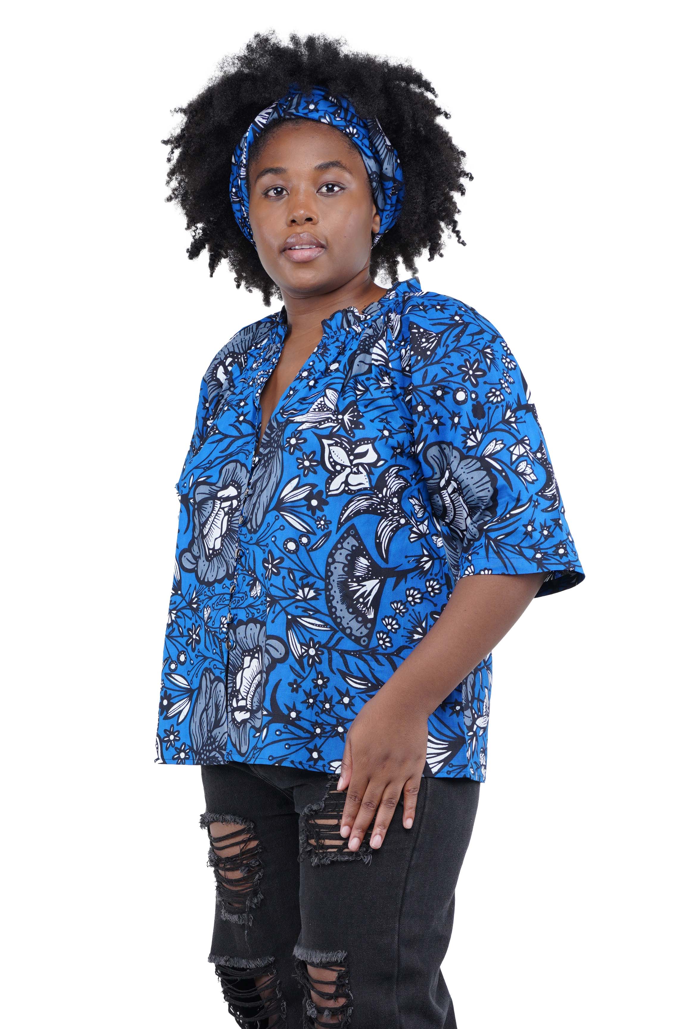 African button down shirt with frill collar front view