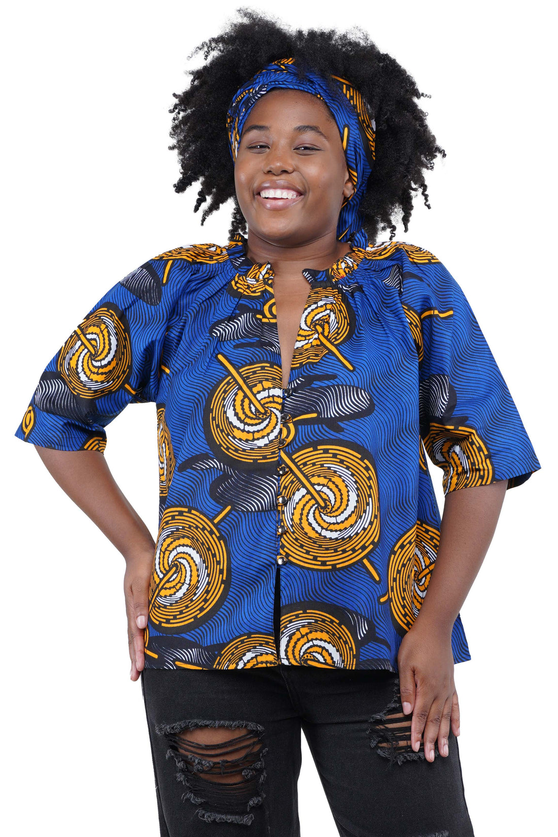 African button down shirt with frill collar front view