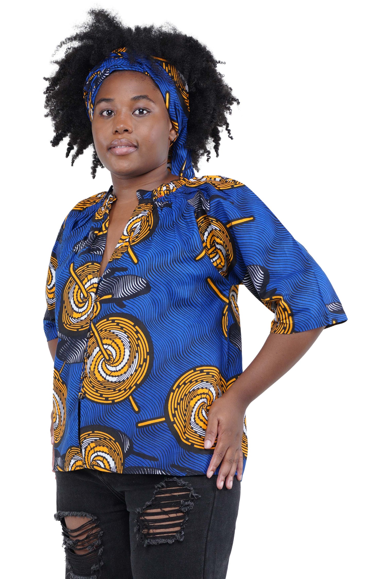 African button down shirt with frill collar front view