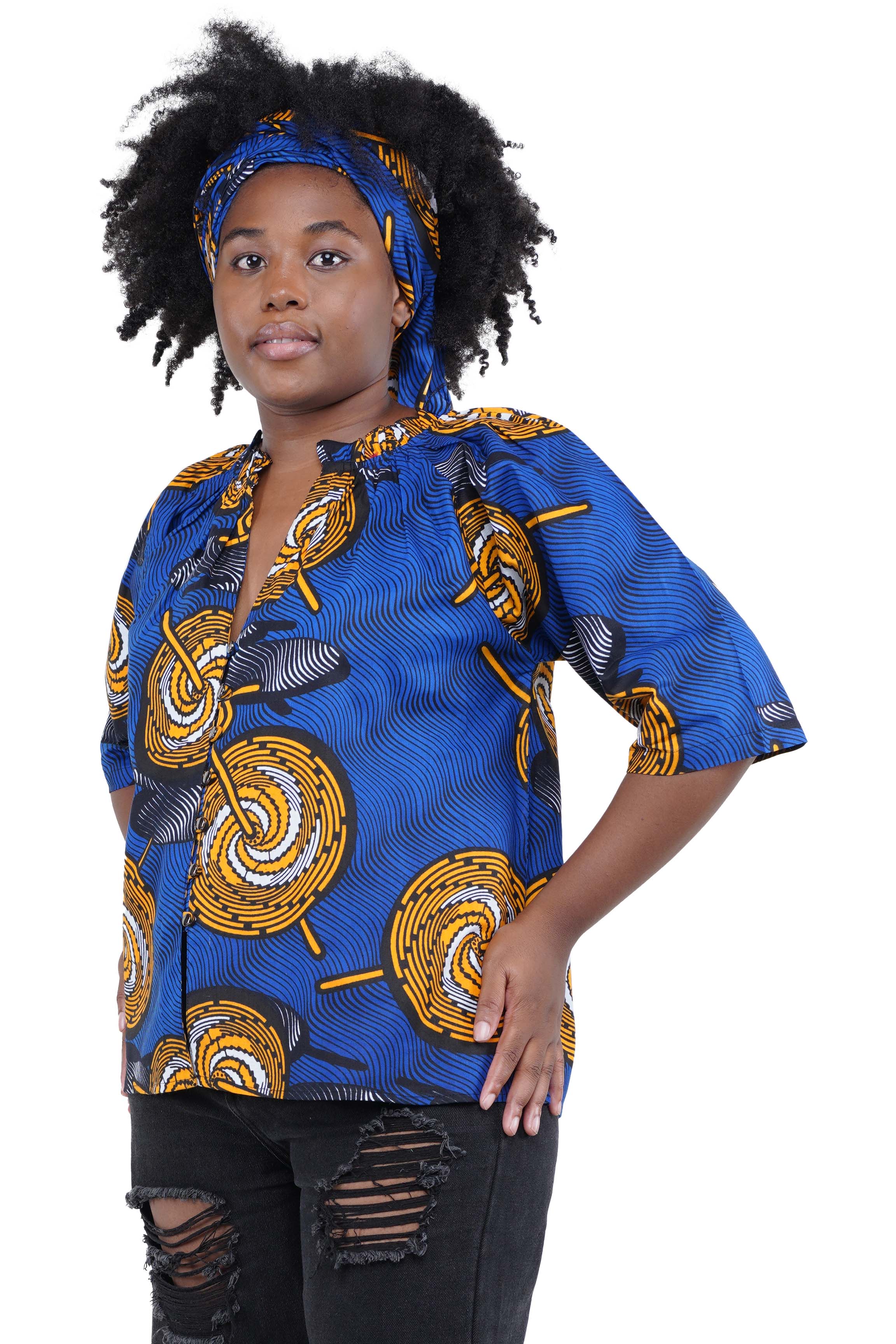 African button down shirt with frill collar front view