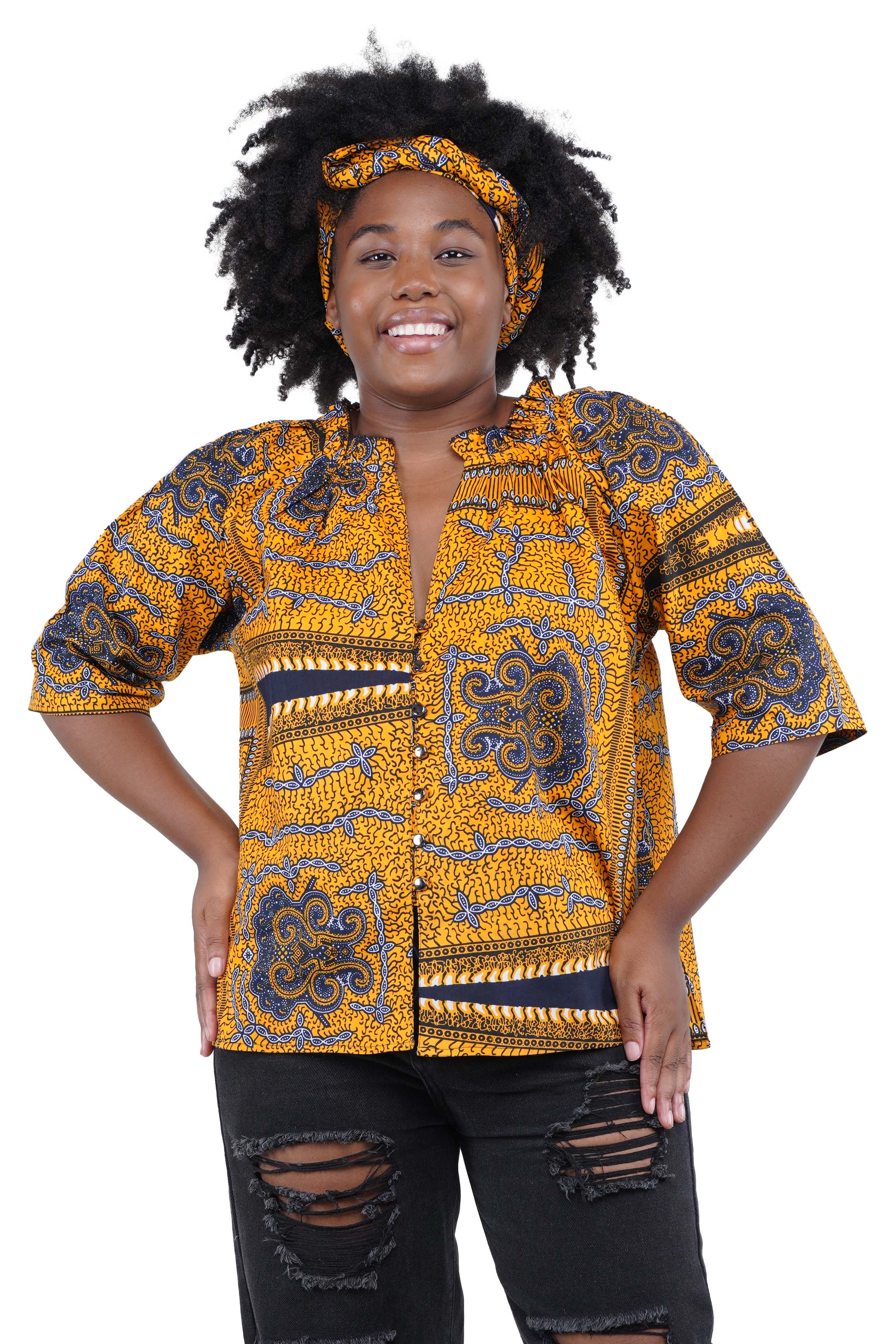 African Button Down Cotton Shirt | Frill Collar Afrocentric Top M–5XL