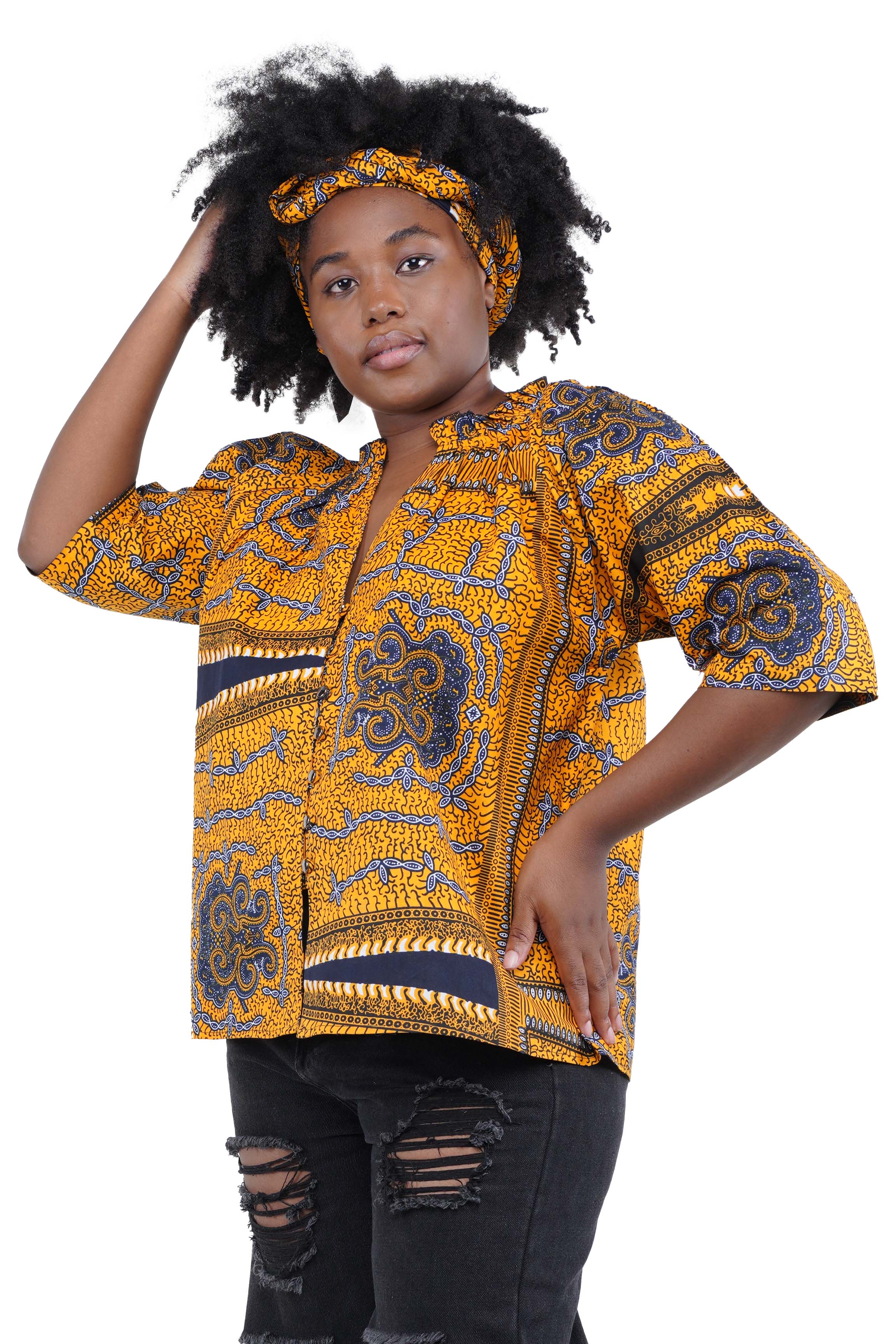African Button Down Cotton Shirt | Frill Collar Afrocentric Top M–5XL