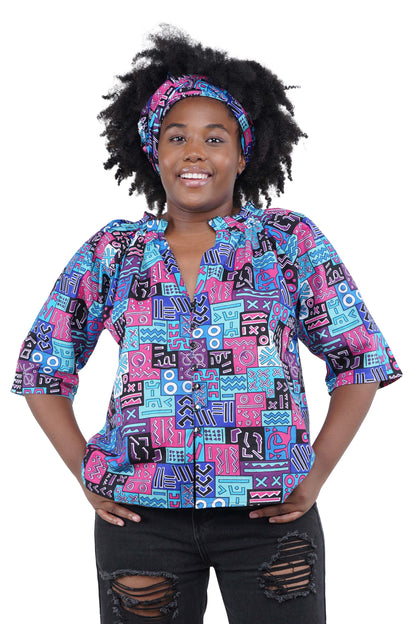African button down shirt with frill collar front view