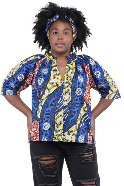 African button down shirt with frill collar front view