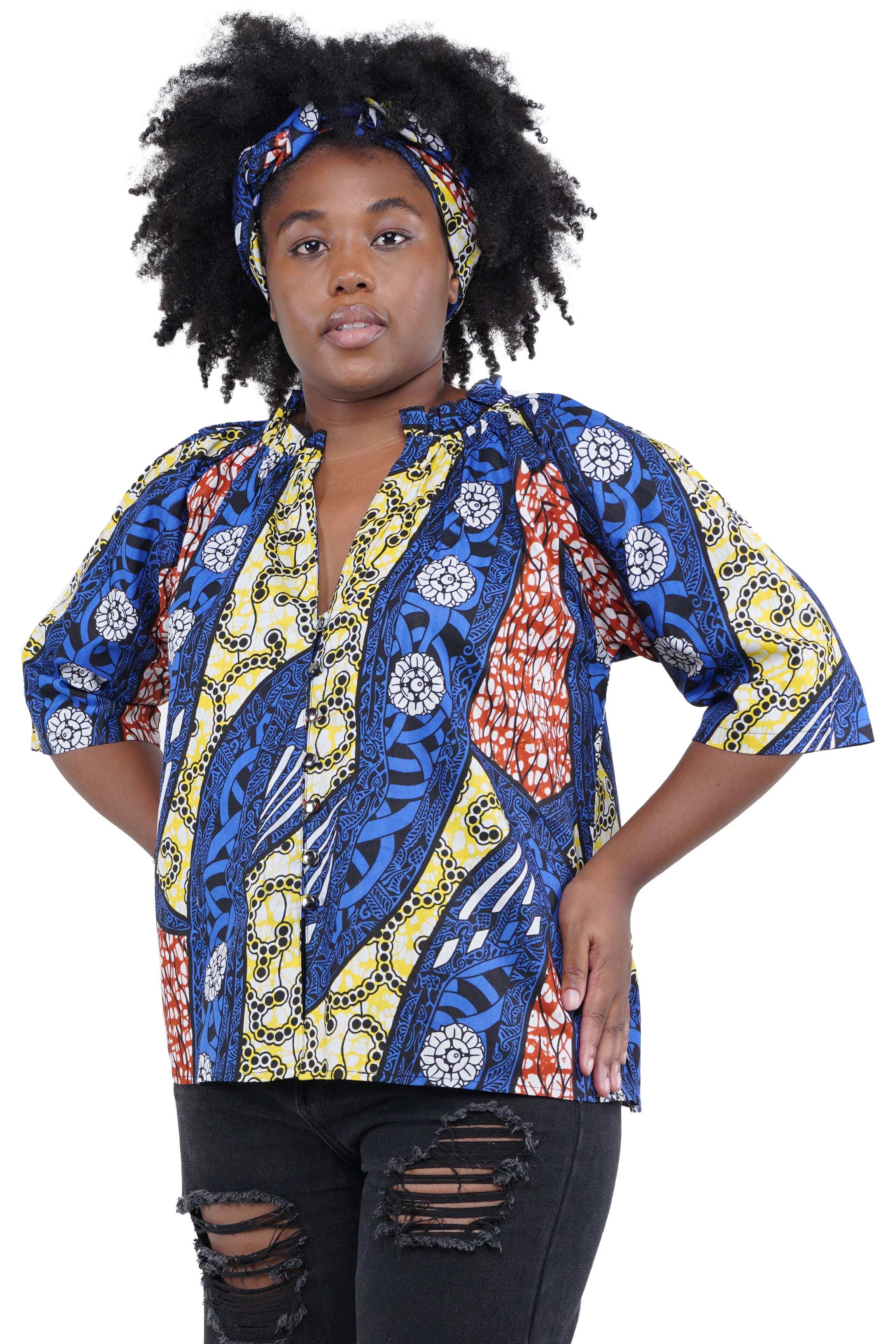African Button Down Cotton Shirt | Frill Collar Afrocentric Top M–5XL