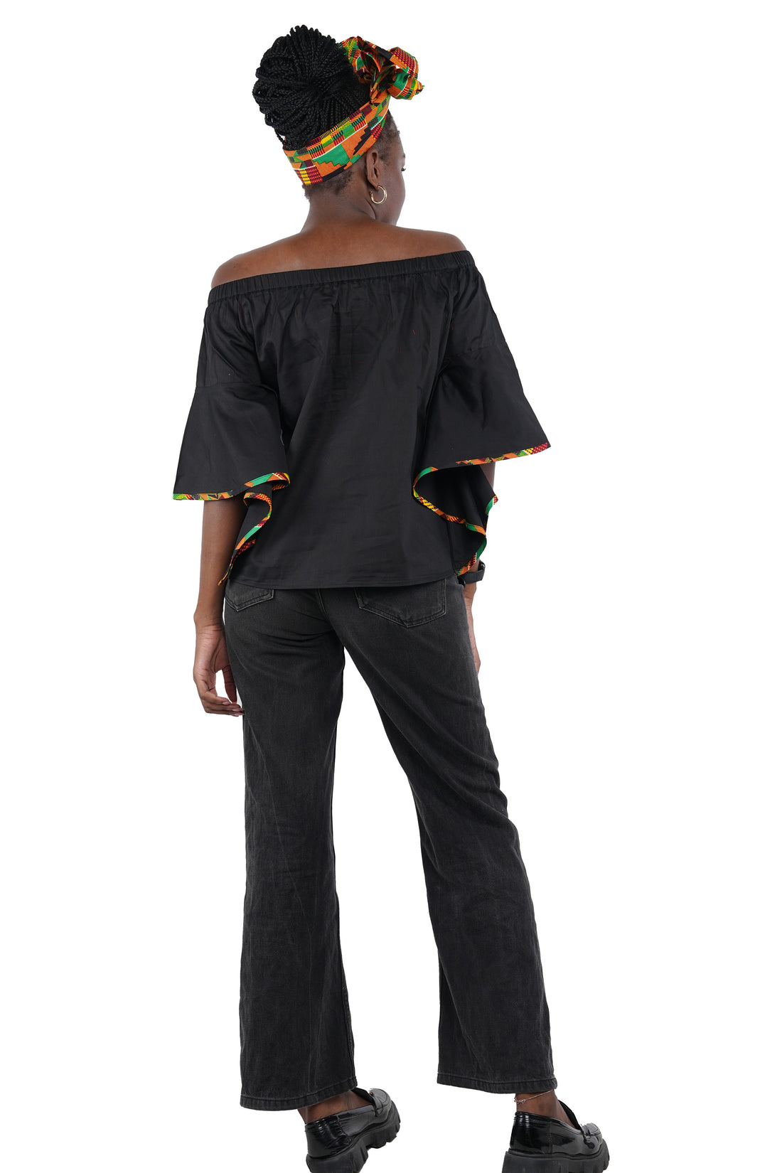 Black Off Shoulder Kente Trim Blouse