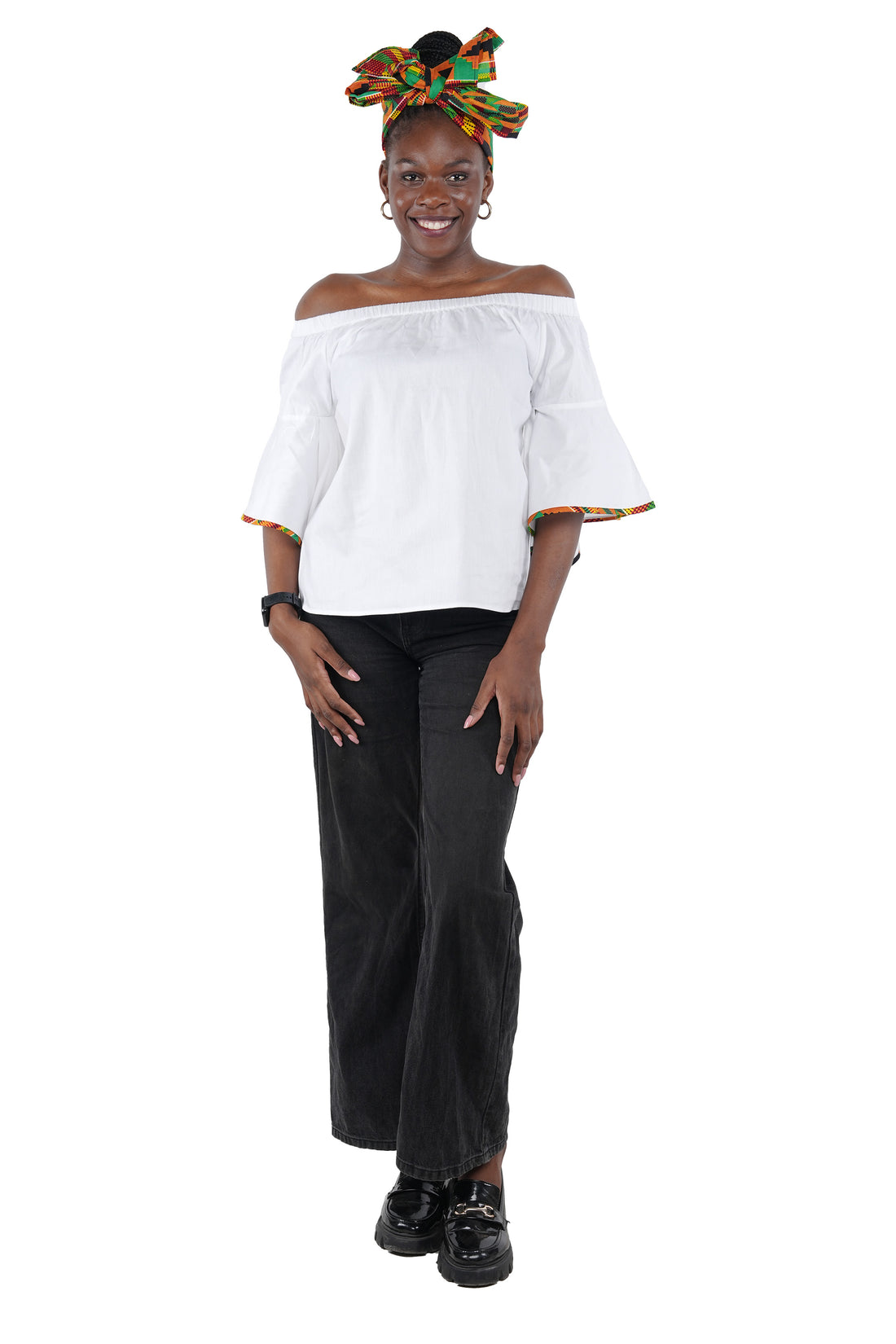 White Off Shoulder Kente Trim Blouse