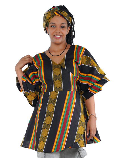 Woman wearing African print wrap top with 3/4 sleeves double layered – cotton, one size,  – Ankara inspired