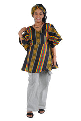 Woman wearing African print wrap top with 3/4 sleeves double layered – cotton, one size,  – Ankara inspired