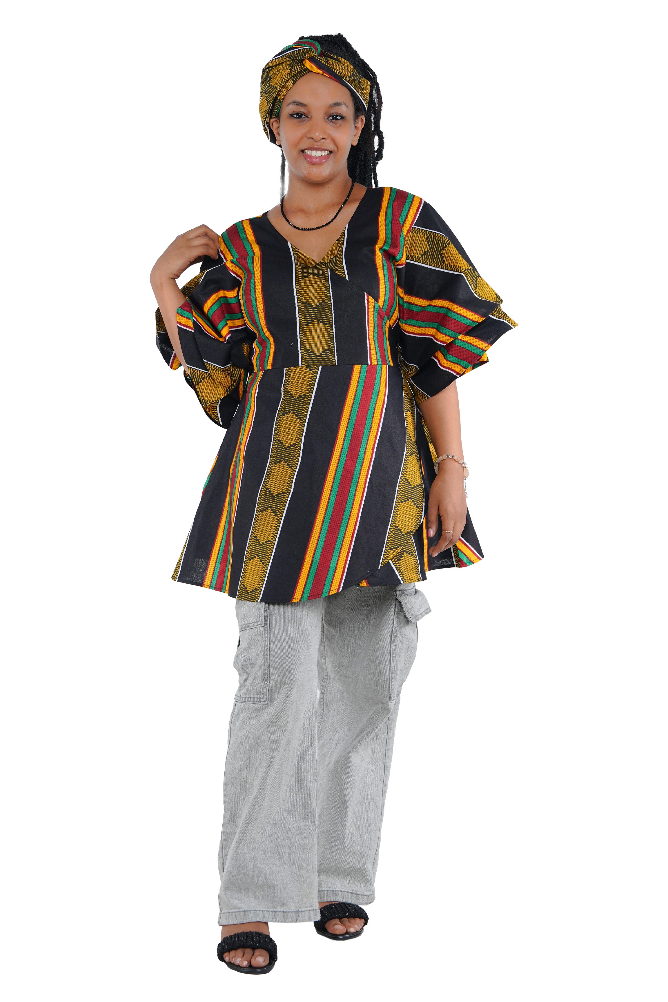 Woman wearing African print wrap top with 3/4 sleeves double layered – cotton, one size,  – Ankara inspired