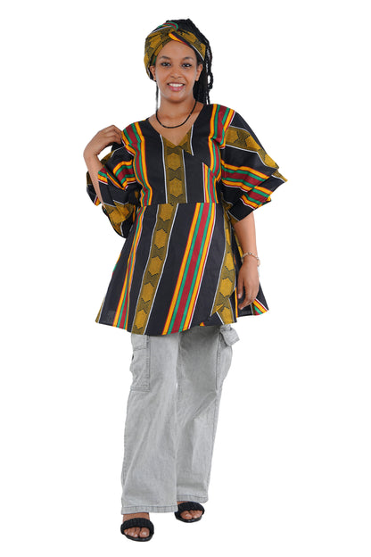 Woman wearing African print wrap top with 3/4 sleeves double layered – cotton, one size,  – Ankara inspired