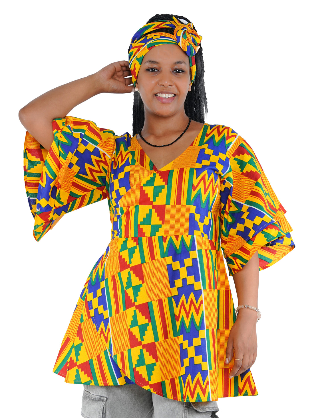 Woman wearing African print wrap top with 3/4 sleeves double layered – cotton, one size,  – Ankara inspired