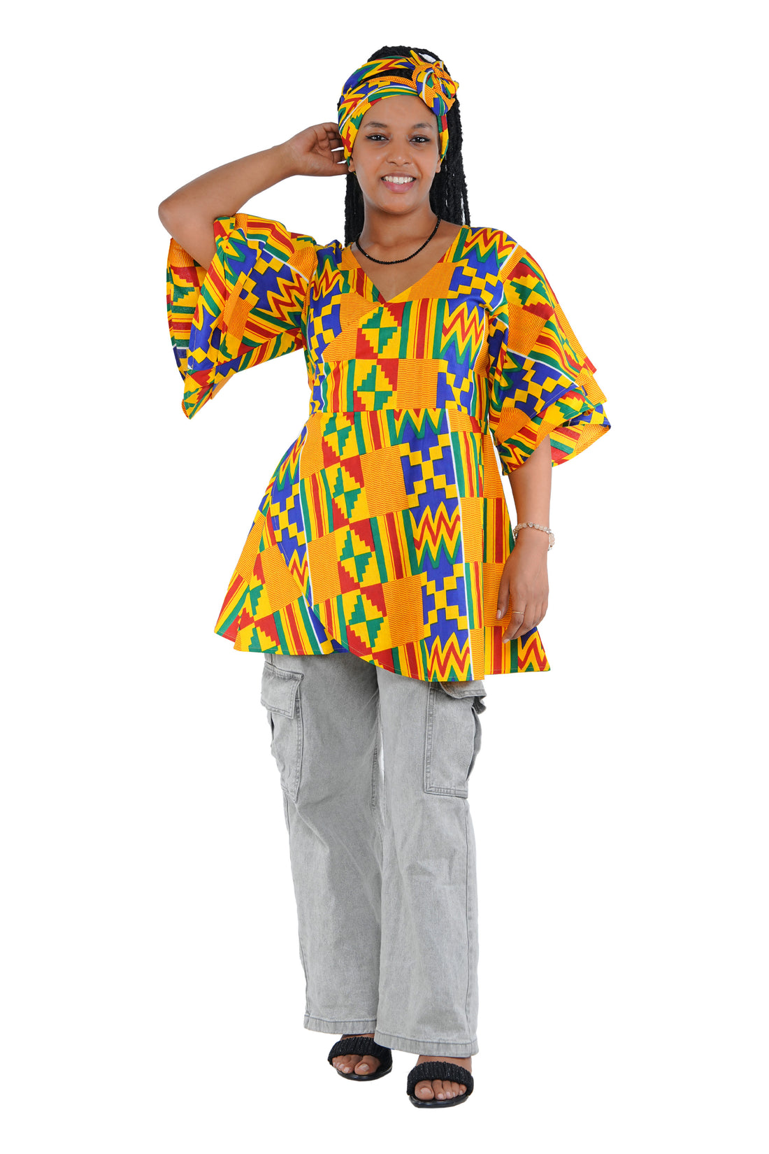 Woman wearing African print wrap top with 3/4 sleeves double layered – cotton, one size,  – Ankara inspired
