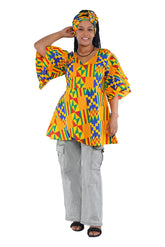 Woman wearing African print wrap top with 3/4 sleeves double layered – cotton, one size,  – Ankara inspired