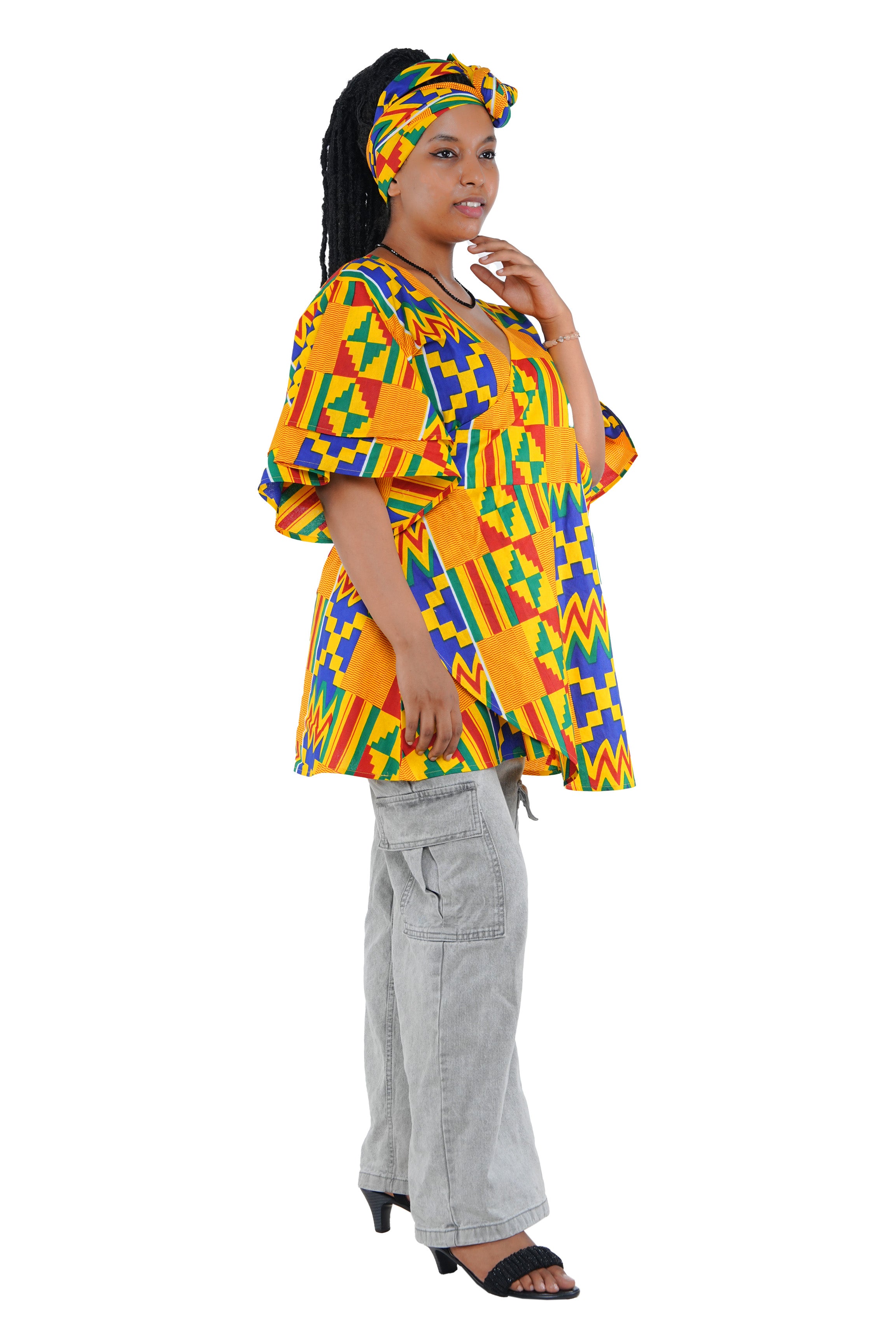 Woman wearing African print wrap top with 3/4 sleeves double layered – cotton, one size,  – Ankara inspired