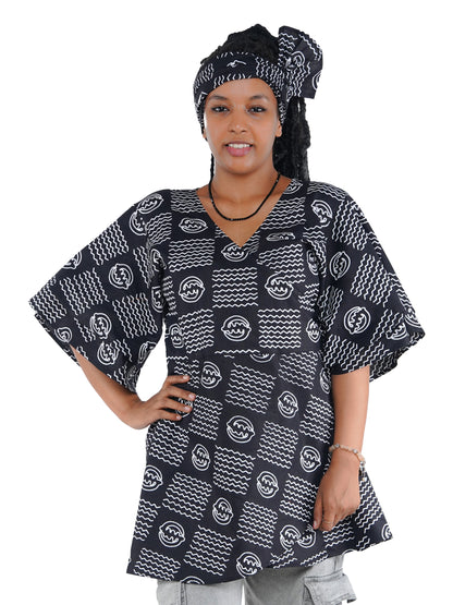 Woman wearing African print wrap top with 3/4 sleeves double layered – cotton, one size,  – Ankara inspired