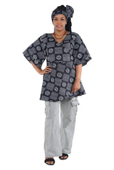 Woman wearing African print wrap top with 3/4 sleeves double layered – cotton, one size,  – Ankara inspired