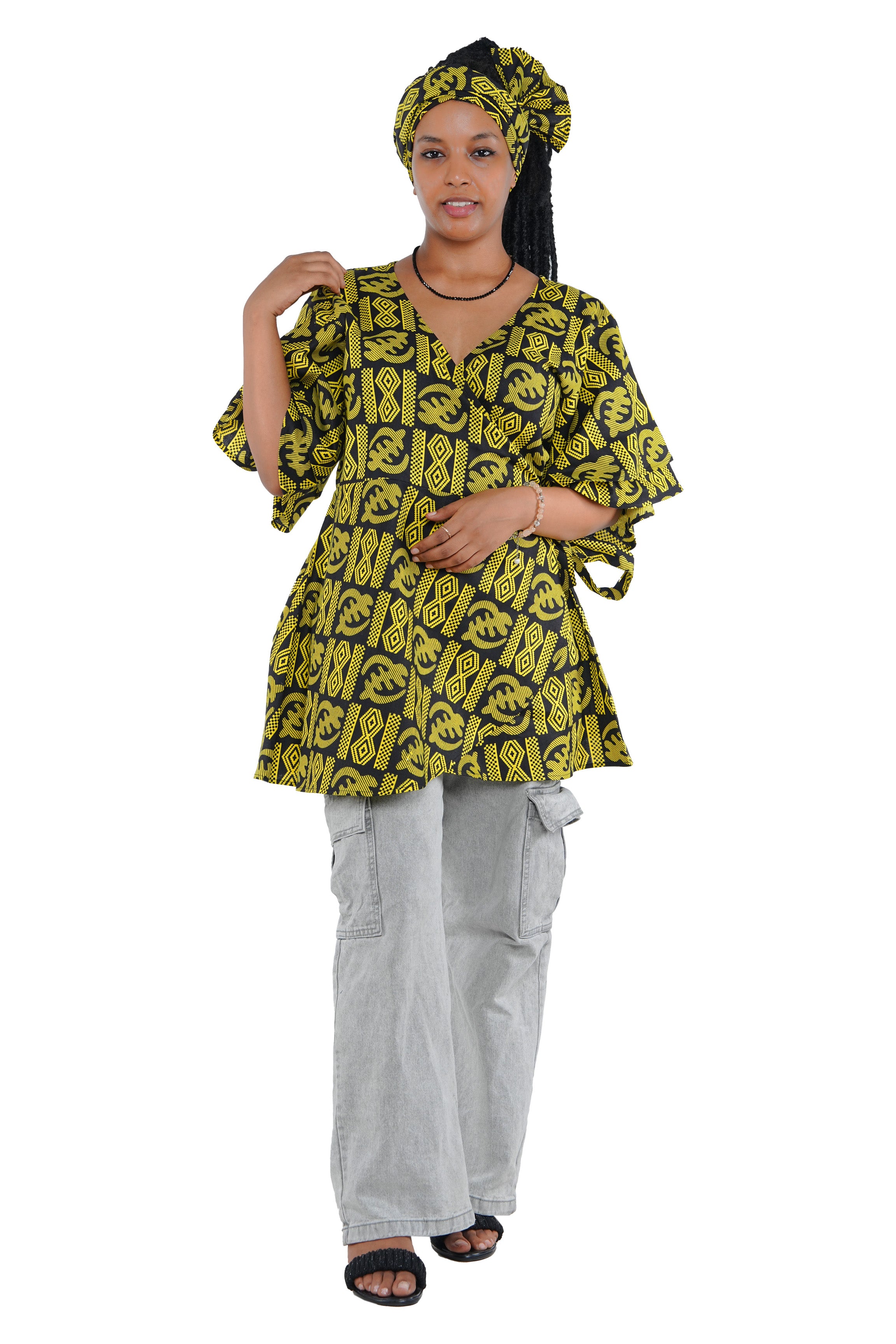 Woman wearing African print wrap top with 3/4 sleeves double layered – cotton, one size,  – Ankara inspired