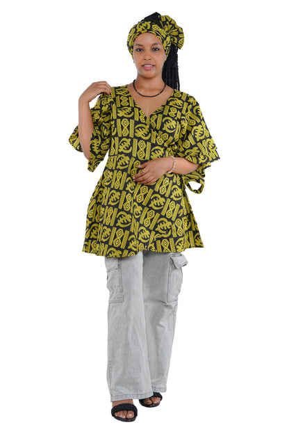 Woman wearing African print wrap top with 3/4 sleeves double layered – cotton, one size,  – Ankara inspired